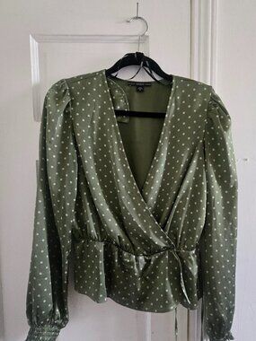 GUESS green polka dot satin faux wrap top with long sleeves
